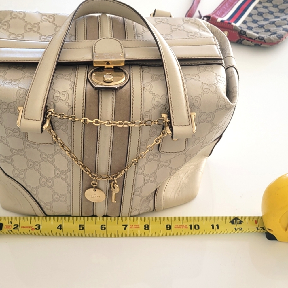 Vintage GUCCI Guccissima Boston Treasure GG BAG Cream Beige-Pink Stripe RARE